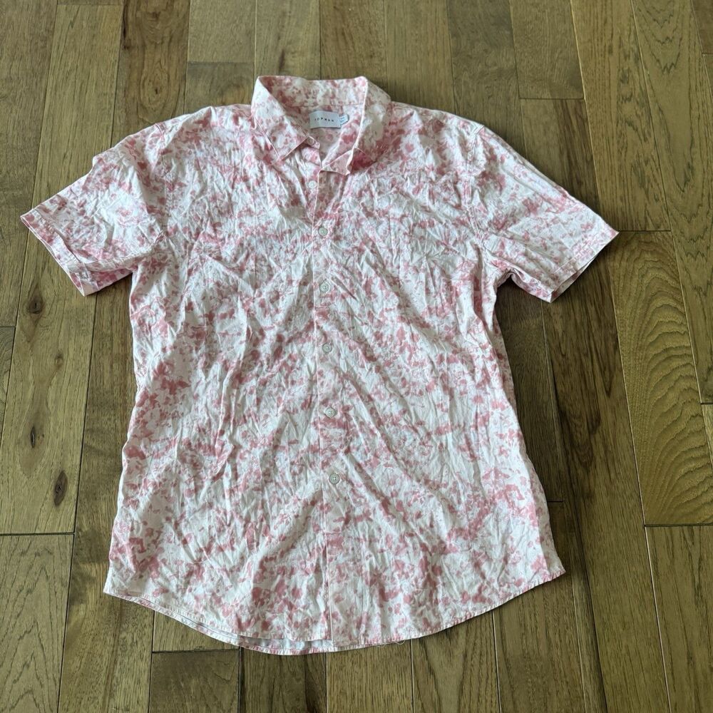 Topman Pink Marble Print Shirt Mens XXL Short Sleeve Button Up Stretch Cotton